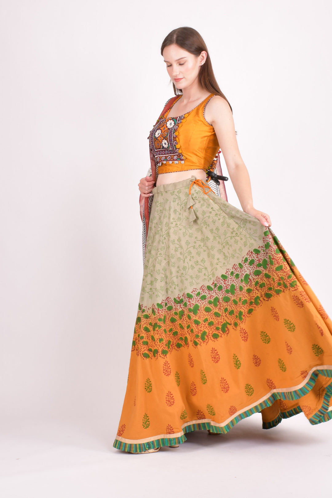 Multi color cotton hand block chaniya choli set