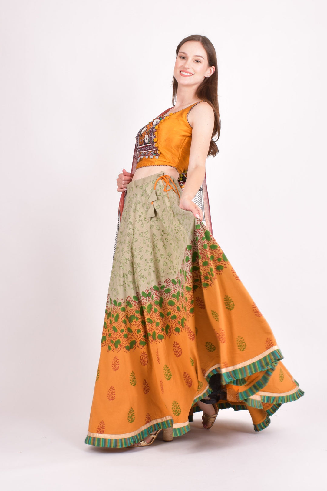 Multi color cotton hand block chaniya choli set