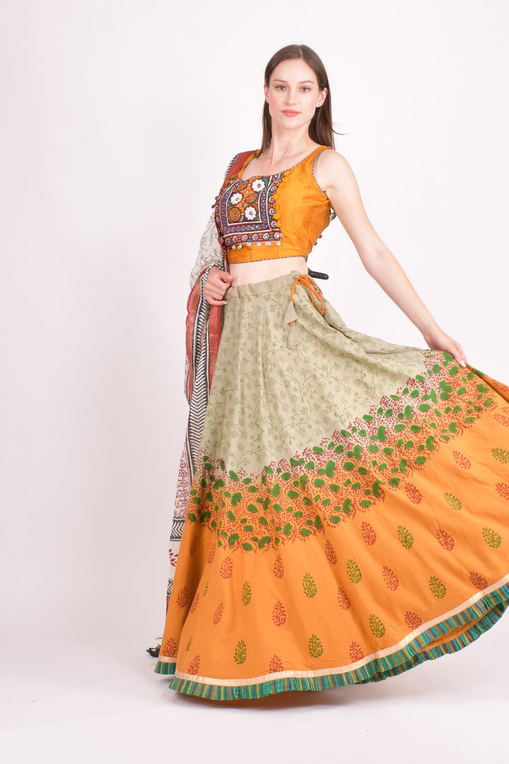 Multi color cotton hand block chaniya choli set