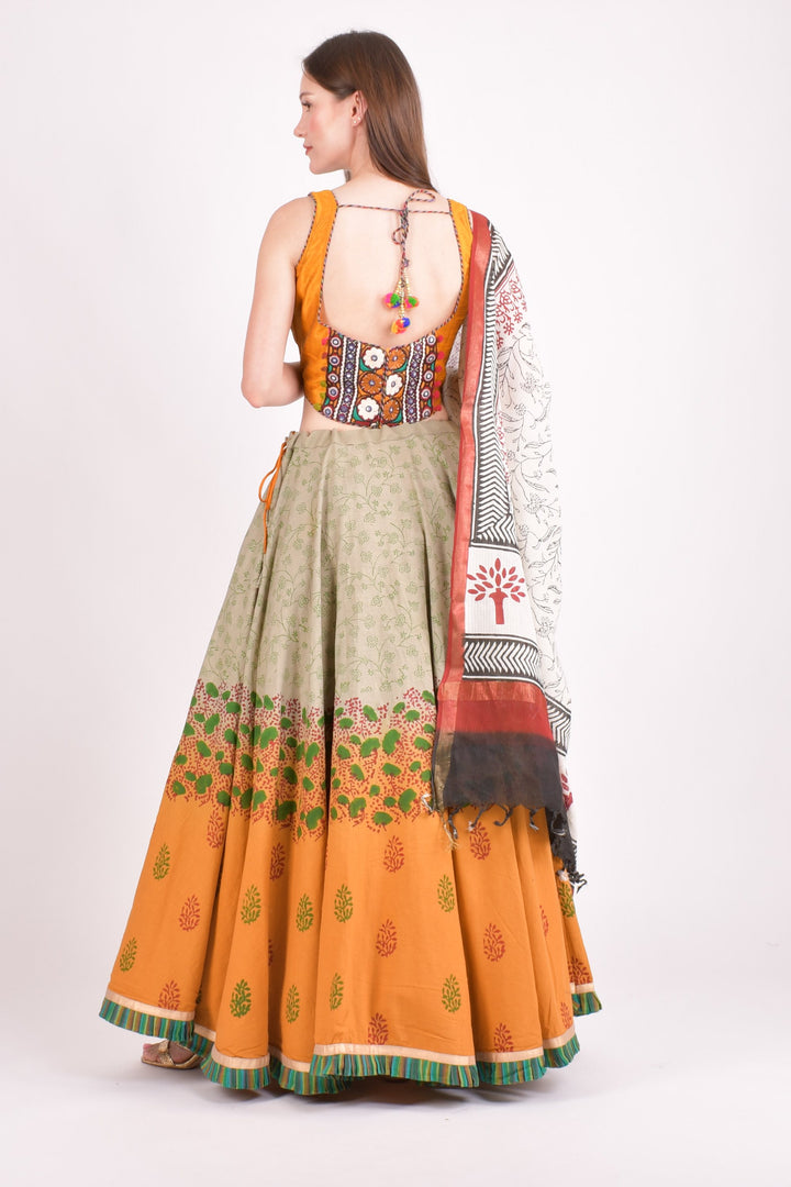 Multi color cotton hand block chaniya choli set