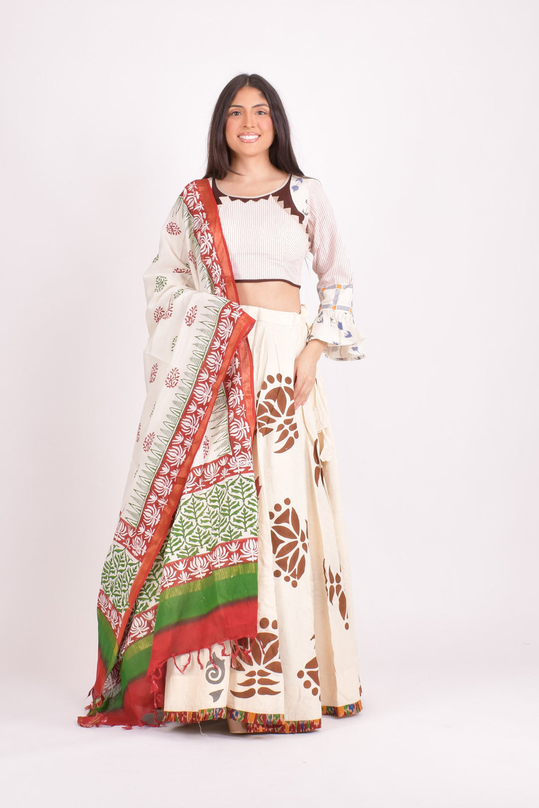 Off white cotton hand blocked chaniya choli