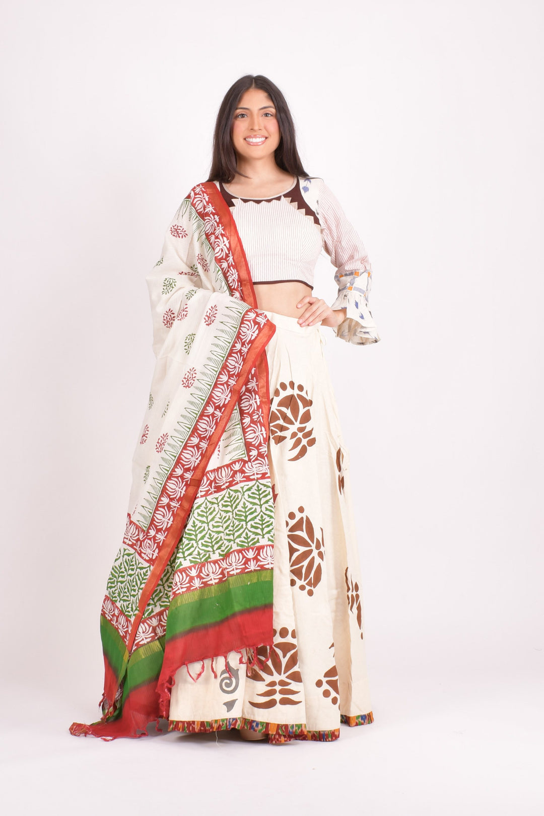 Off white cotton hand blocked chaniya choli