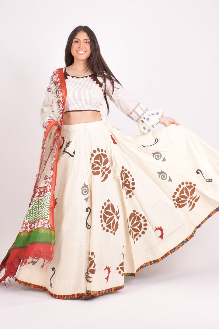 Off white cotton hand blocked chaniya choli