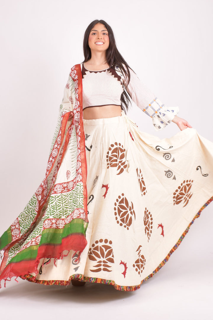 Off white cotton hand blocked chaniya choli