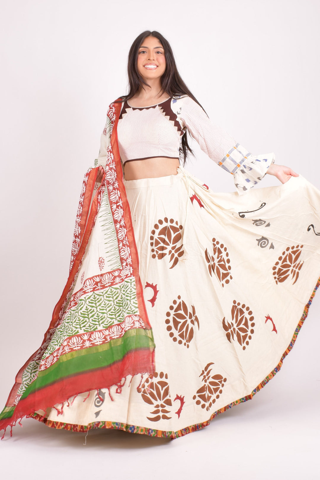 Off white cotton hand blocked chaniya choli