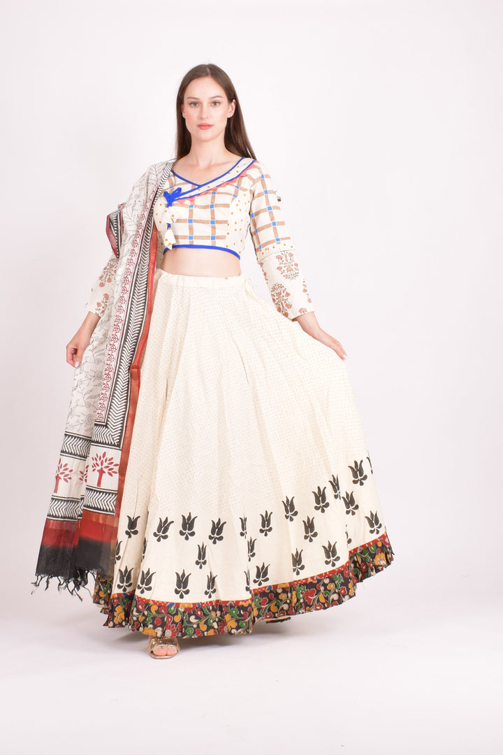 Off white cotton hand blocked chaniya choli