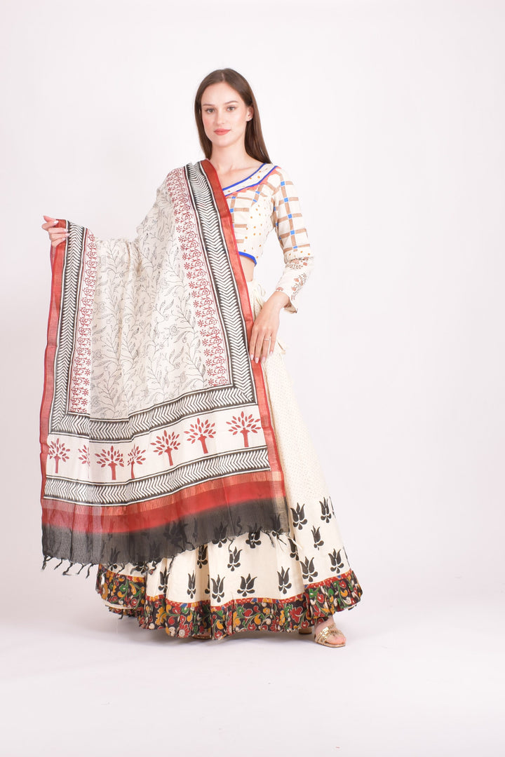 Off white cotton hand blocked chaniya choli