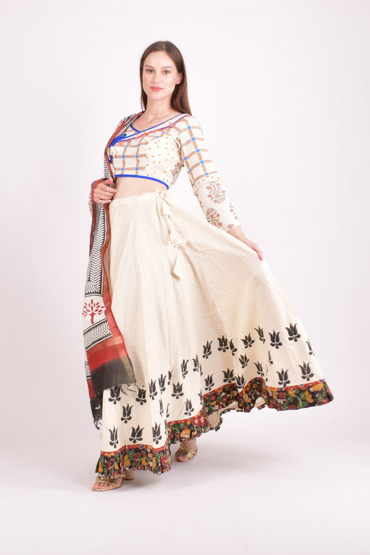 Off white cotton hand blocked chaniya choli