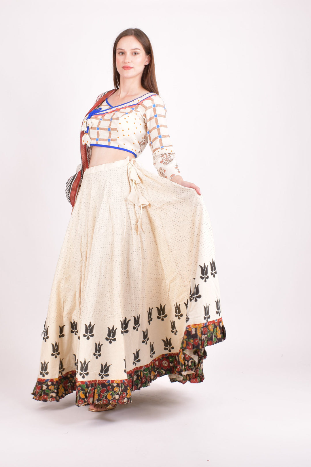 Off white cotton hand blocked chaniya choli