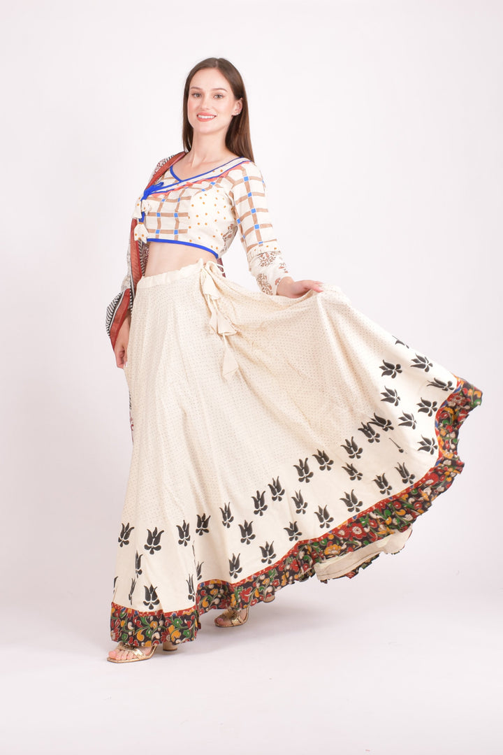 Off white cotton hand blocked chaniya choli