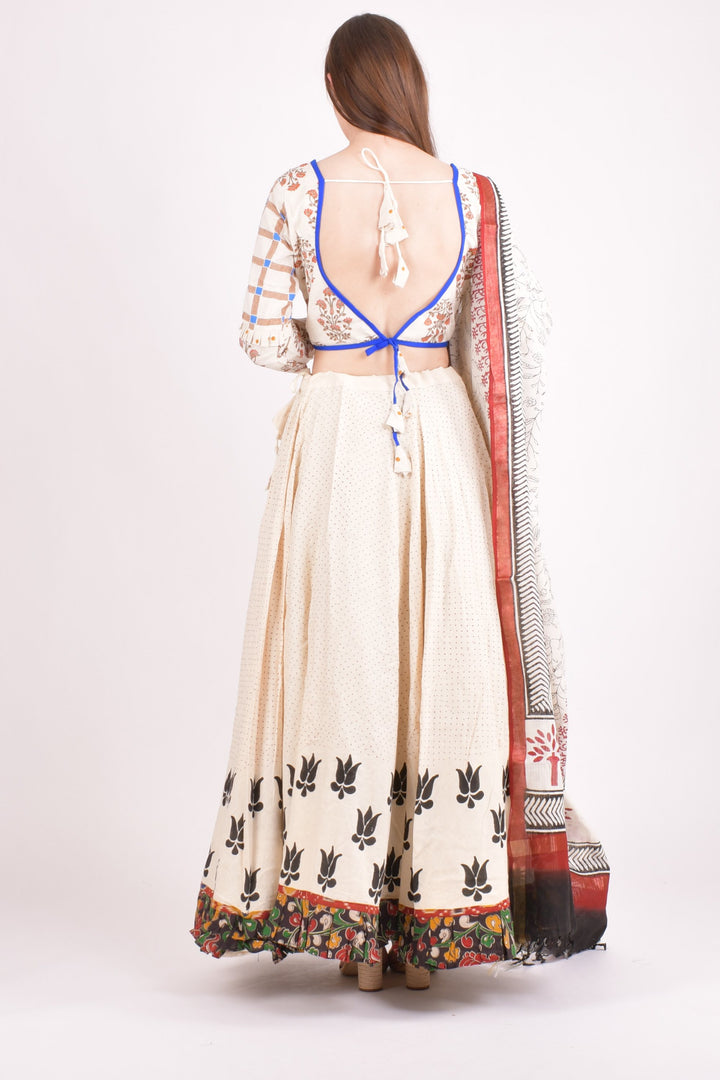 Off white cotton hand blocked chaniya choli