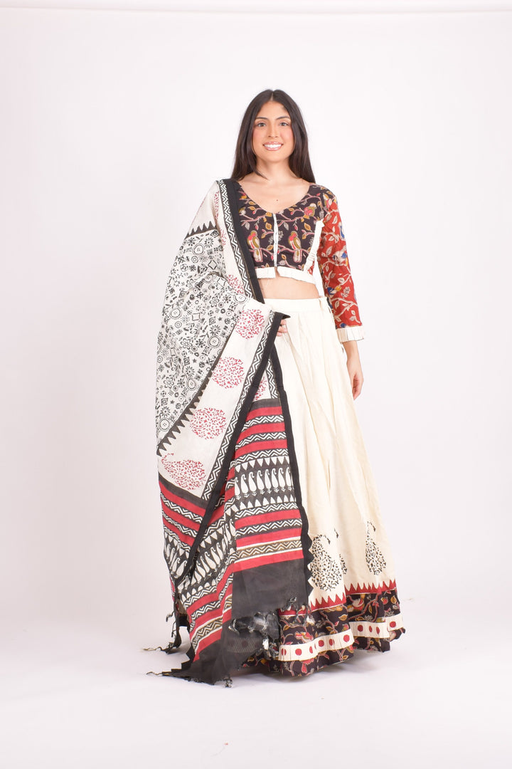 Off white cotton hand blocked chaniya choli