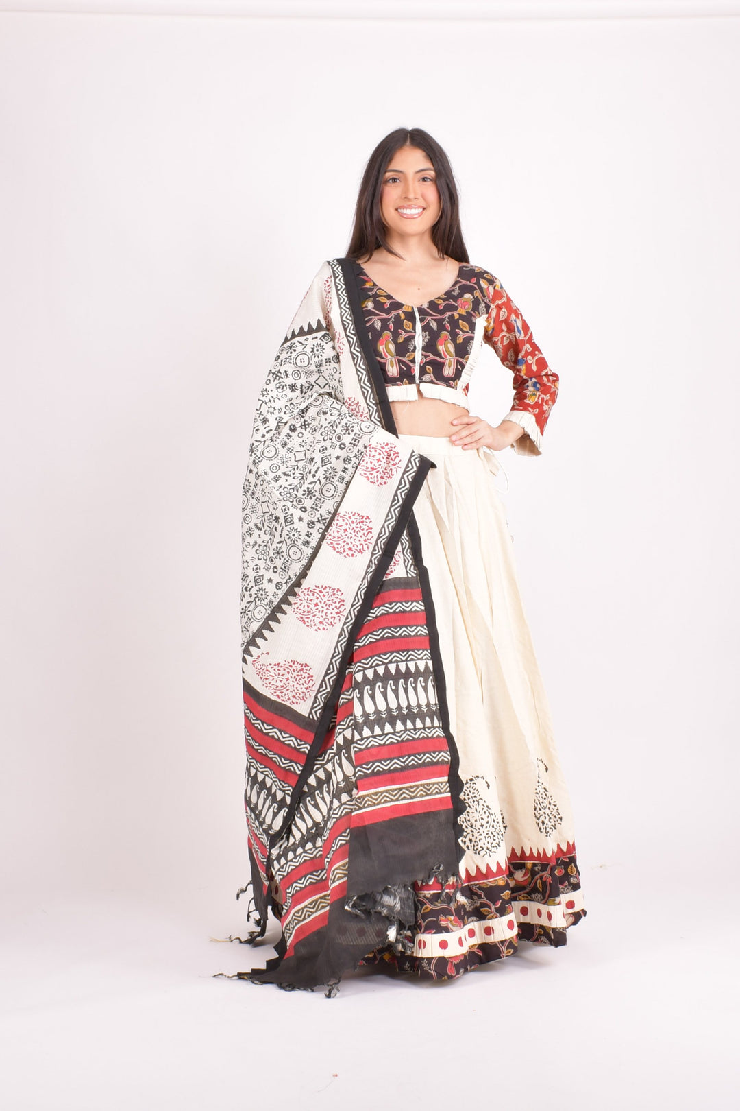 Off white cotton hand blocked chaniya choli