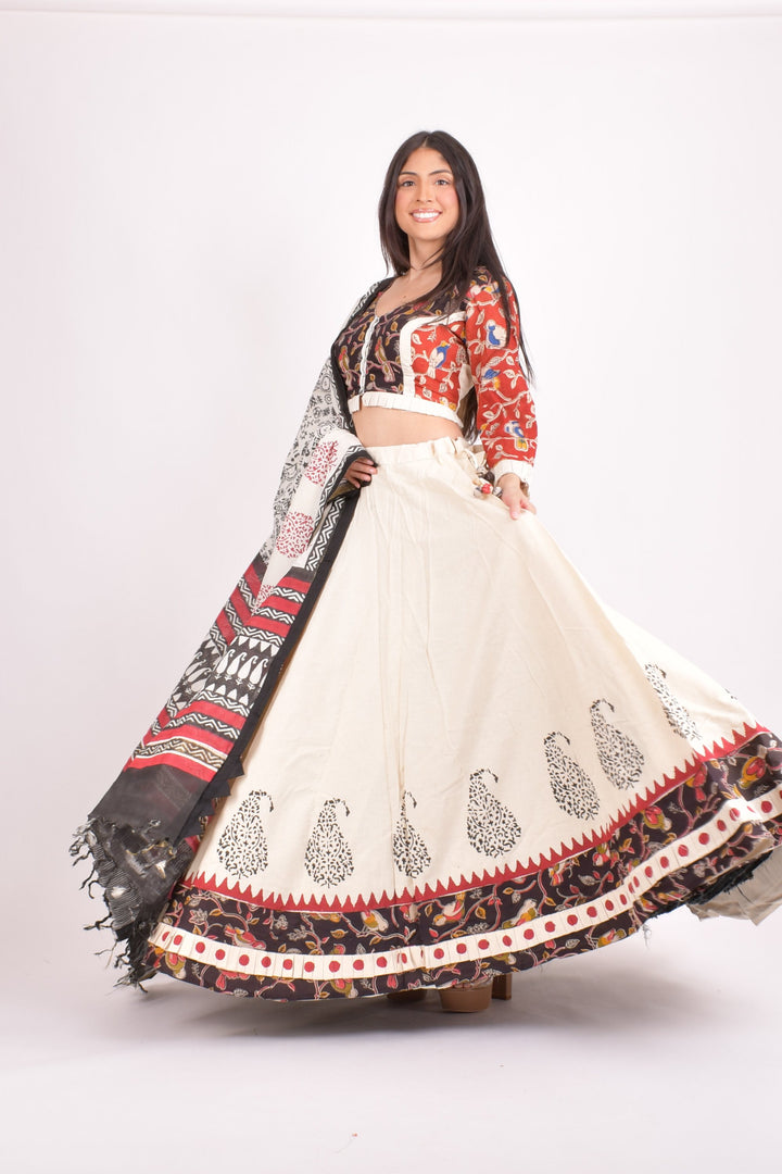Off white cotton hand blocked chaniya choli