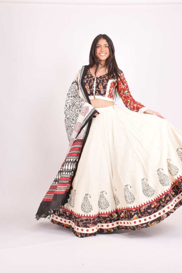 Off white cotton hand blocked chaniya choli