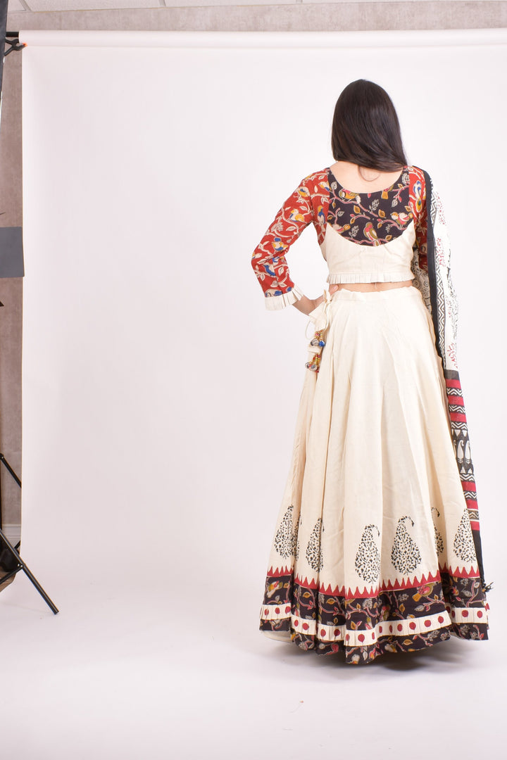 Off white cotton hand blocked chaniya choli