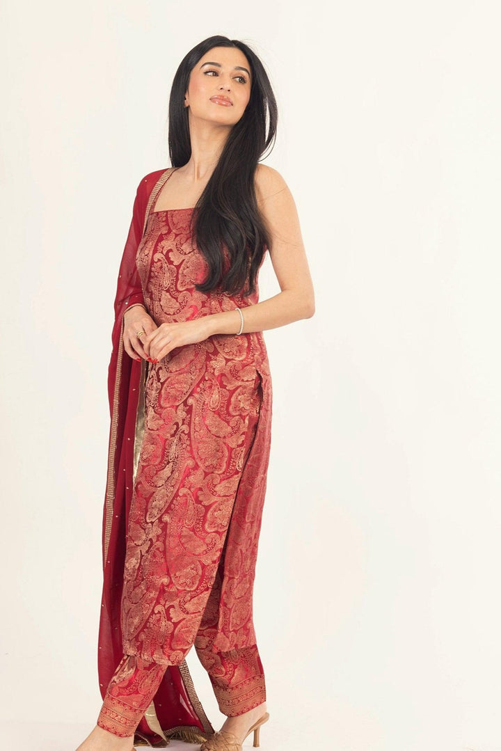 Coraline Banarasi Silk Red Salwar Kameez Set - Raas