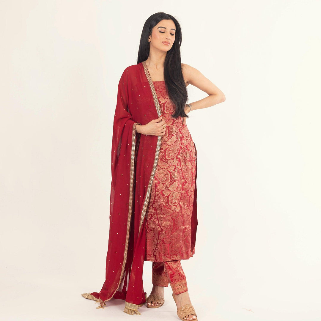 Coraline Banarasi Silk Red Salwar Kameez Set - Raas
