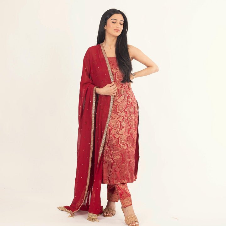 Coraline Banarasi Silk Red Salwar Kameez Set - Raas
