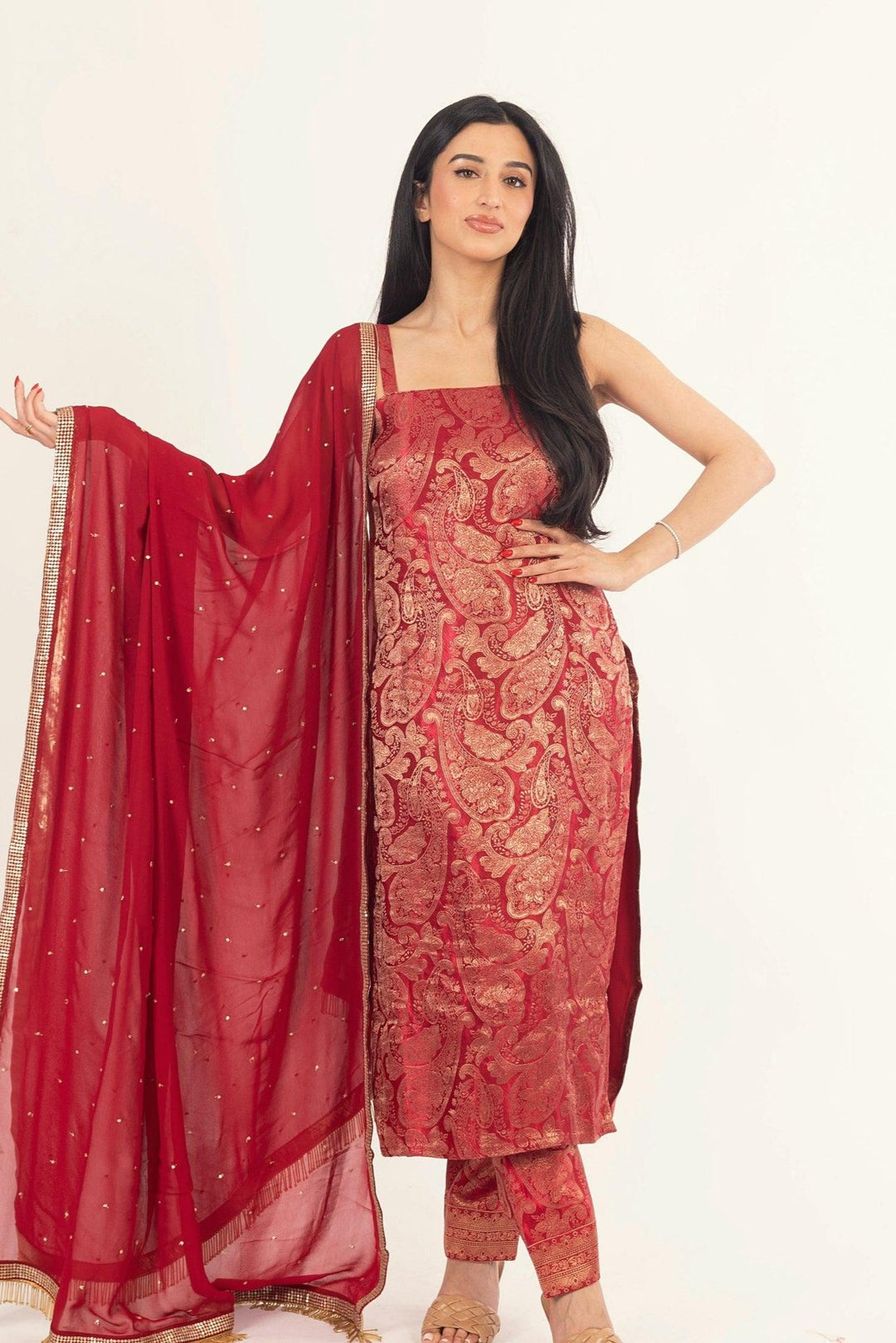 Coraline Banarasi Silk Red Salwar Kameez Set - Raas