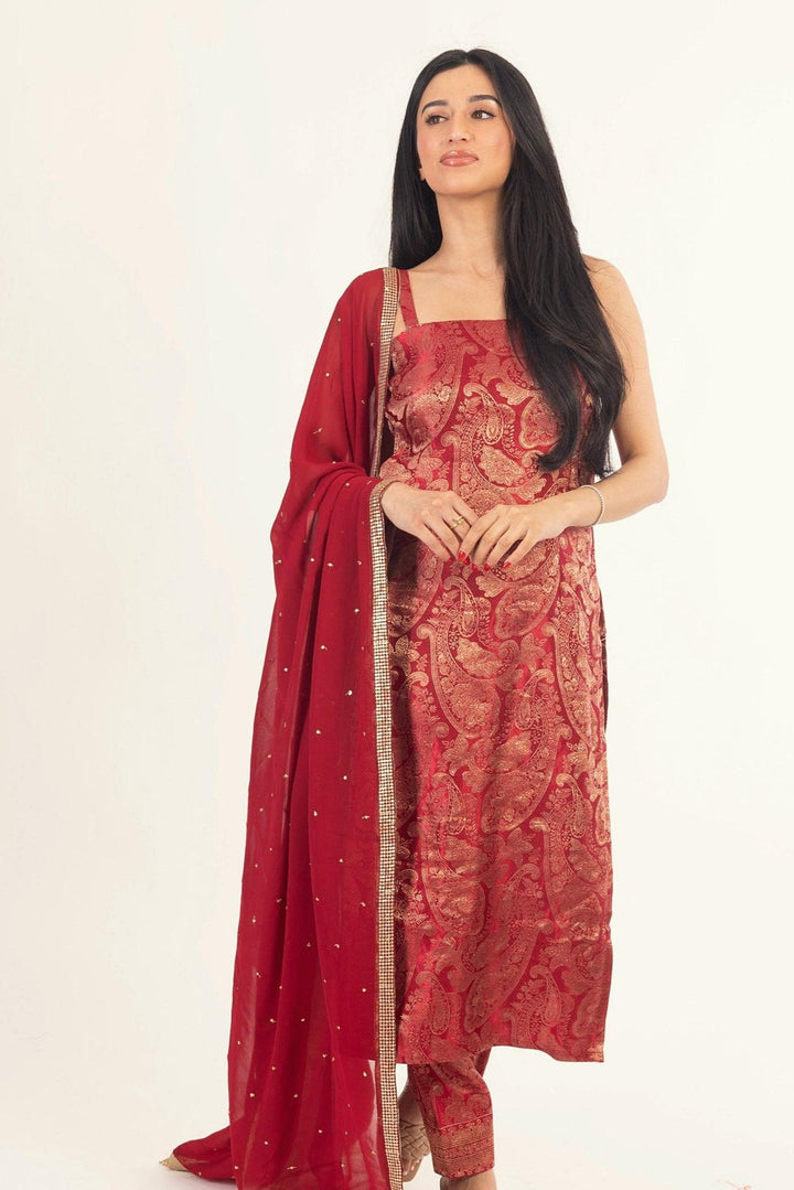 Coraline Banarasi Silk Red Salwar Kameez Set - Raas