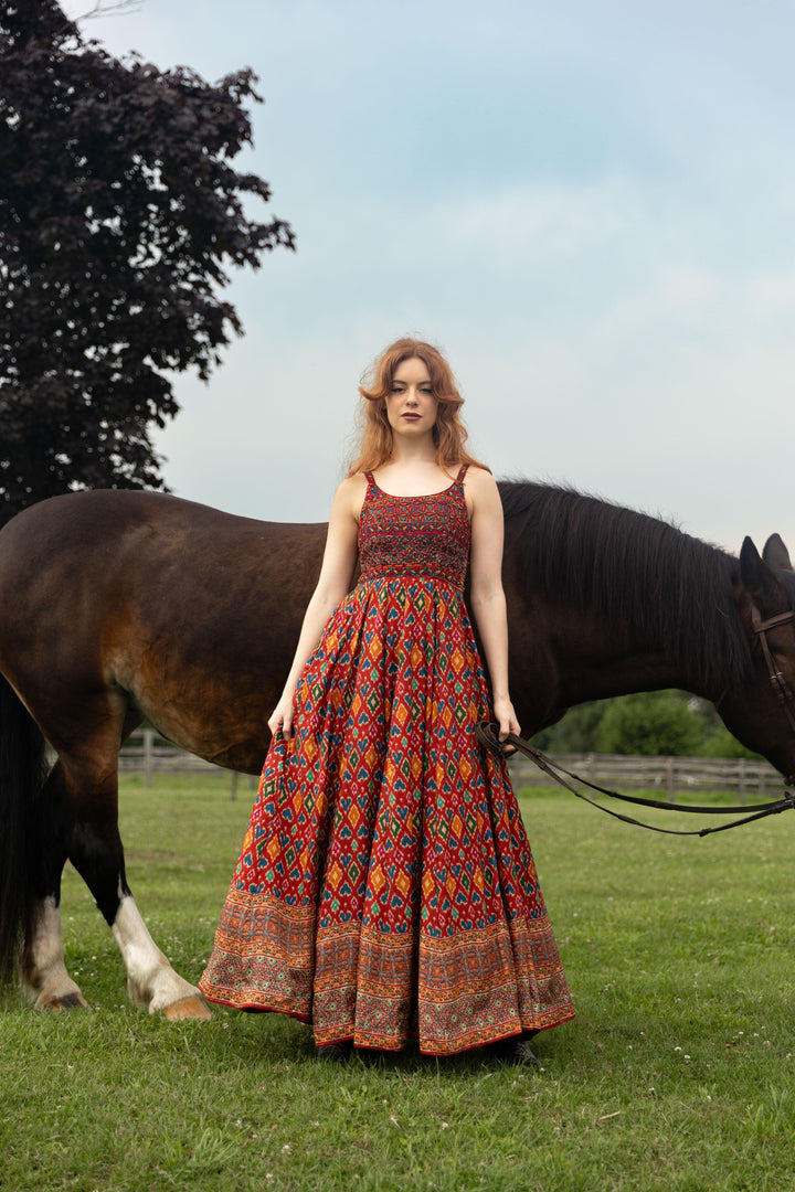 Louisa Red Dress with Patola Print - Raas