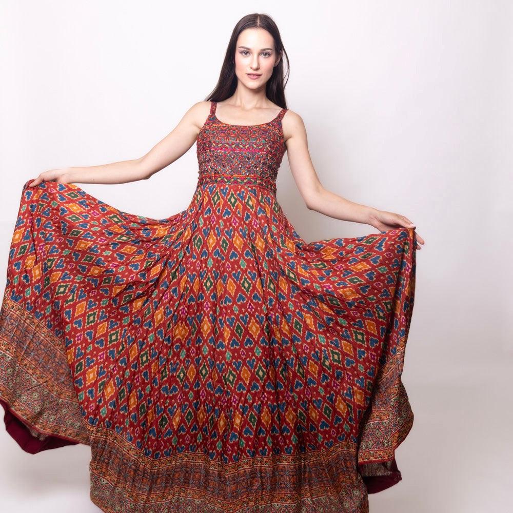 Louisa Red Dress with Patola Print - Raas