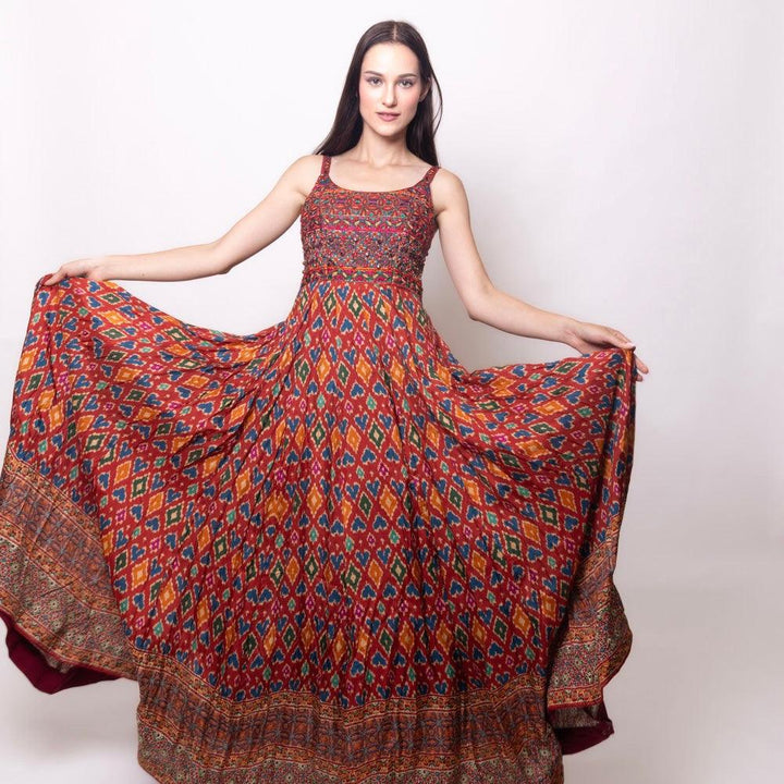 Louisa Red Dress with Patola Print - Raas