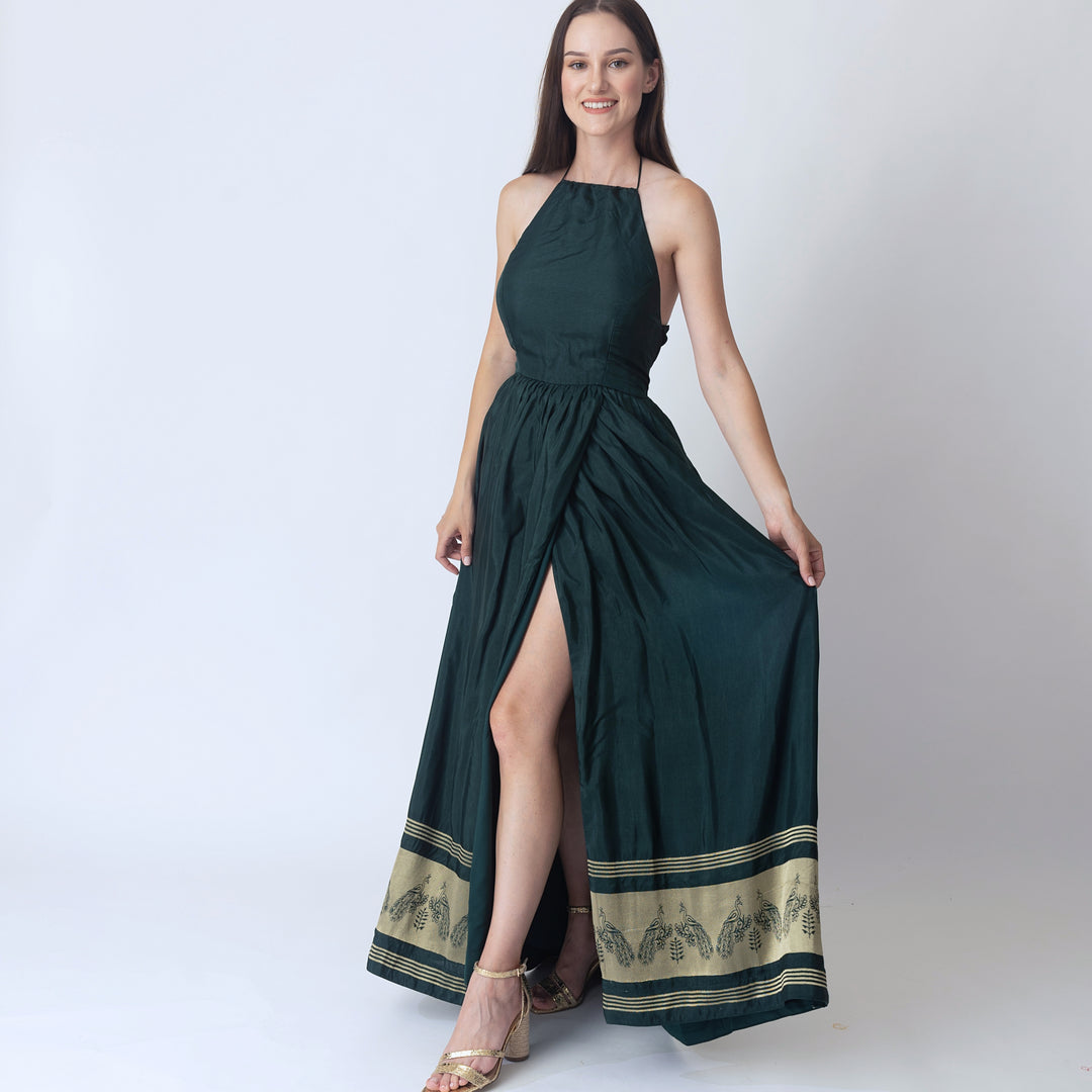 Ceres Green Dress with Jacquard Hem