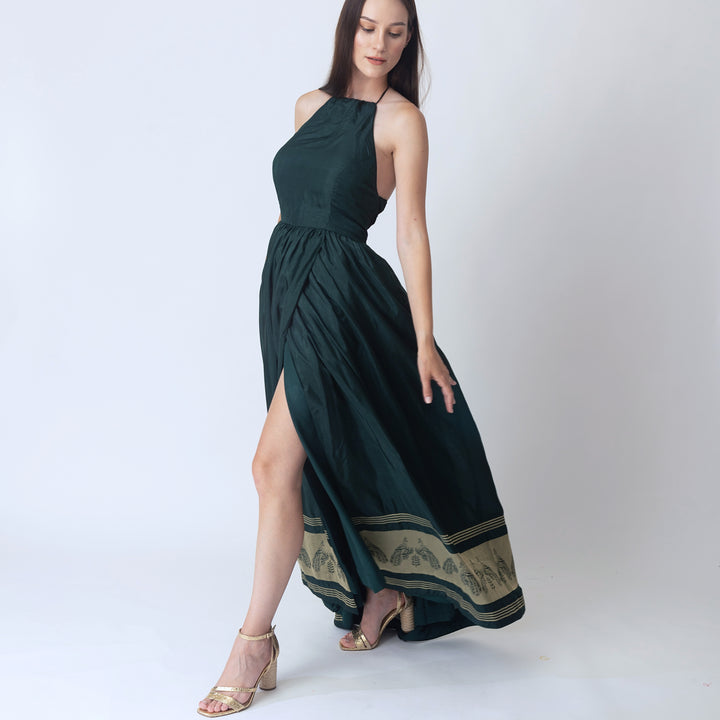 Ceres Green Dress with Jacquard Hem