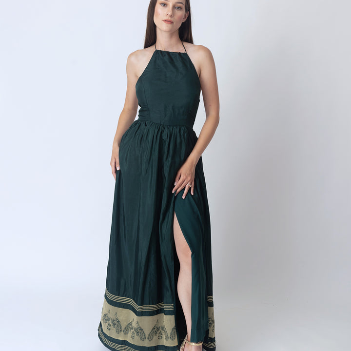 Ceres Green Dress with Jacquard  ham