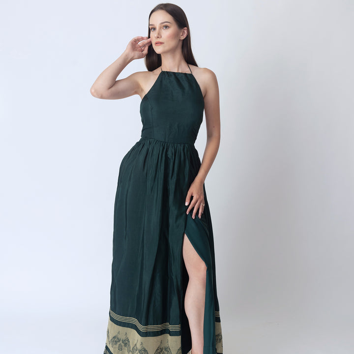 Ceres Green Dress with Jacquard Hem