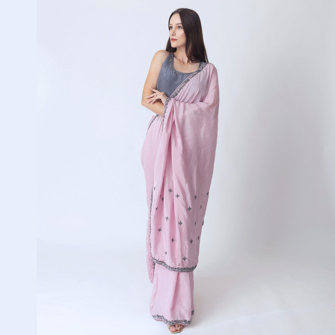 PINK SOFT SILK SAREE WITH HAND EMBROIDERED BLOUSE