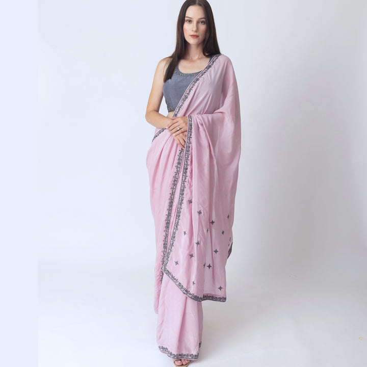 PINK SOFT SILK SAREE WITH HAND EMBROIDERED BLOUSE