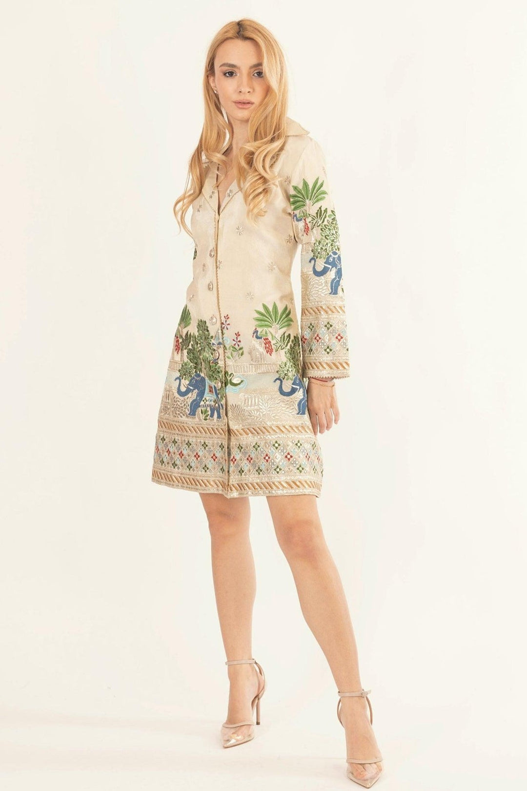 Ecrina Beige Blazer Dress with Embroidery - Raas