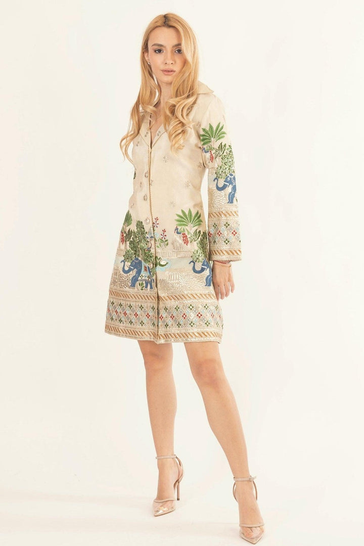 Ecrina Beige Blazer Dress with Embroidery - Raas