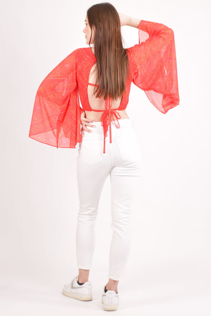 Eva Red Bell Sleeves Crop Top - Raas