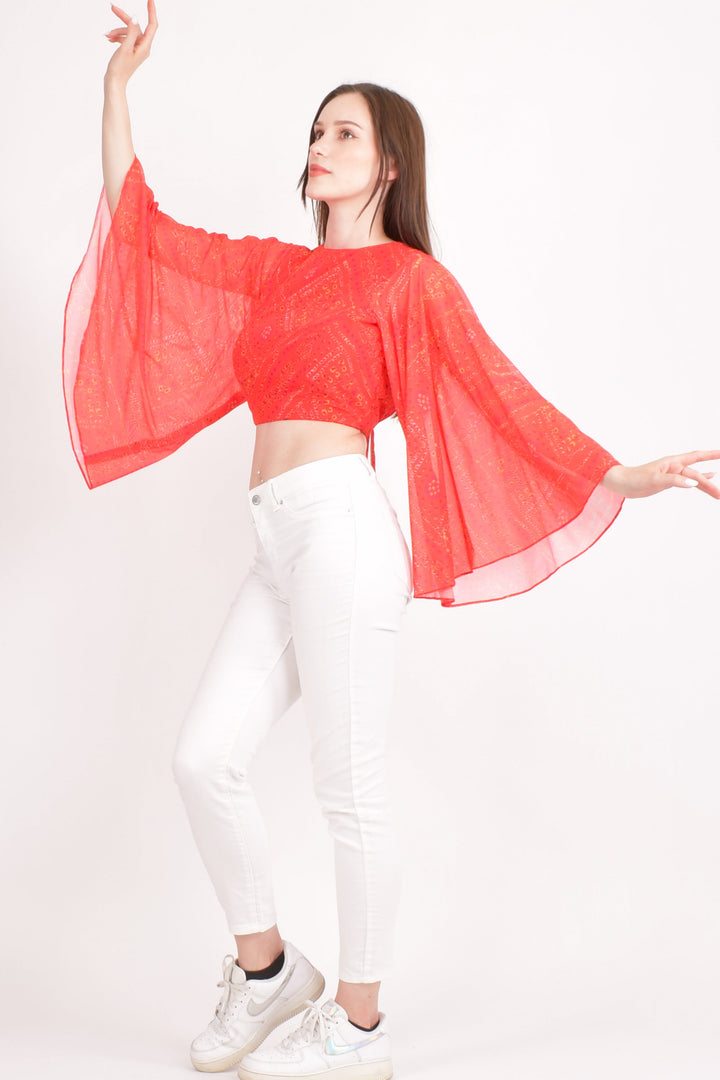 Eva Red Bell Sleeves Crop Top - Raas