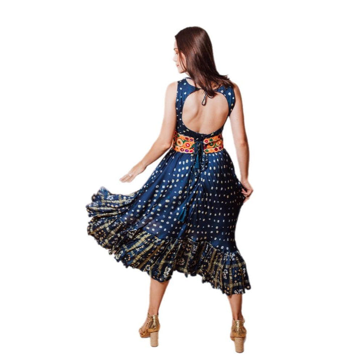 Evelyn Blue Bandhani Tte Dye Dress with Ruffle Trim - Raas