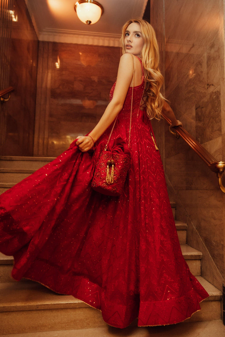 Fiara Red Gown with Drape - Raas