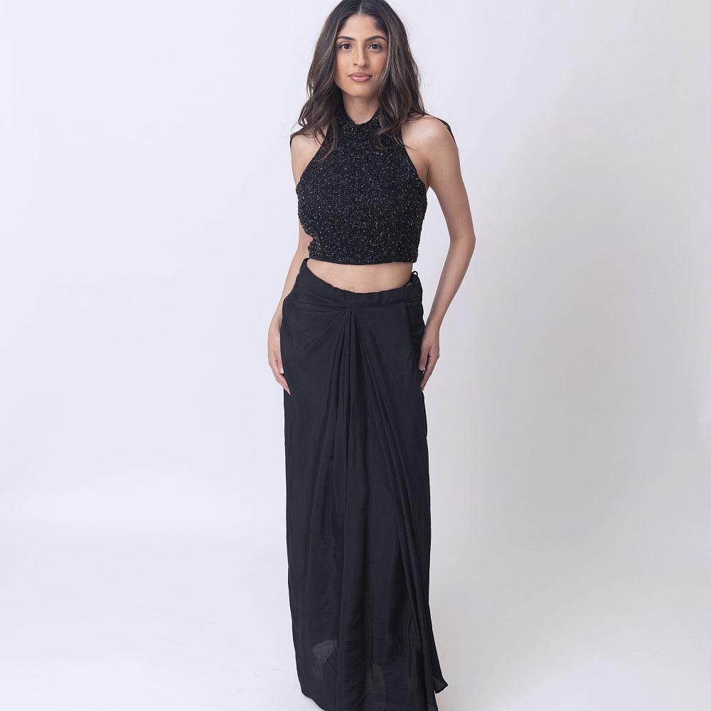Giada Black Drape Skirt With Heavy Embroidery Blouse - Raas