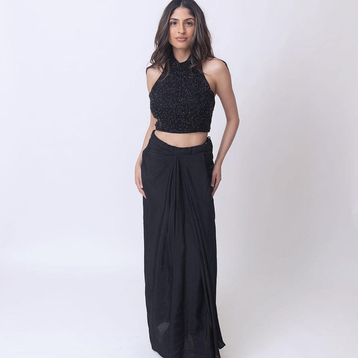 Giada Black Drape Skirt With Heavy Embroidery Blouse - Raas