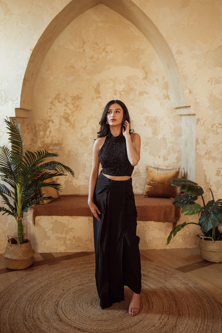 Giada Black Drape Skirt With Heavy Embroidery Blouse - Raas