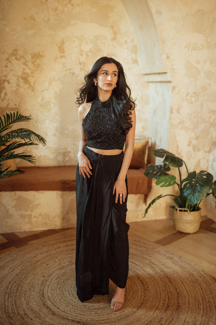 Giada Black Drape Skirt With Heavy Embroidery Blouse - Raas