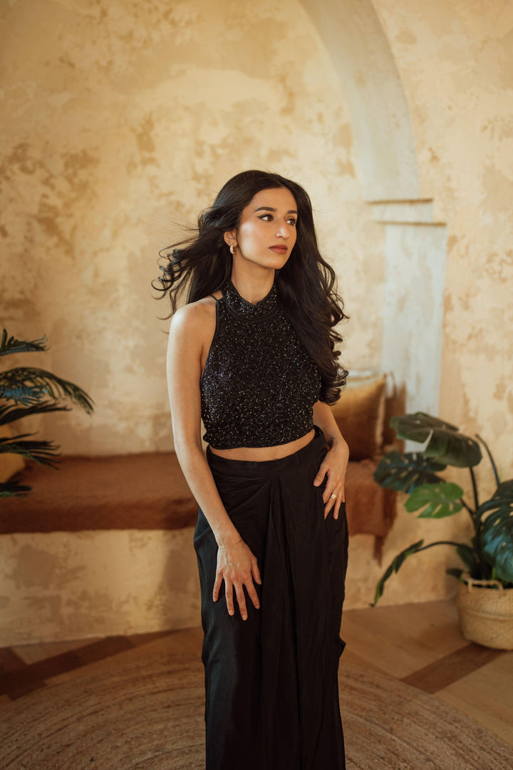 Giada Black Drape Skirt With Heavy Embroidery Blouse - Raas