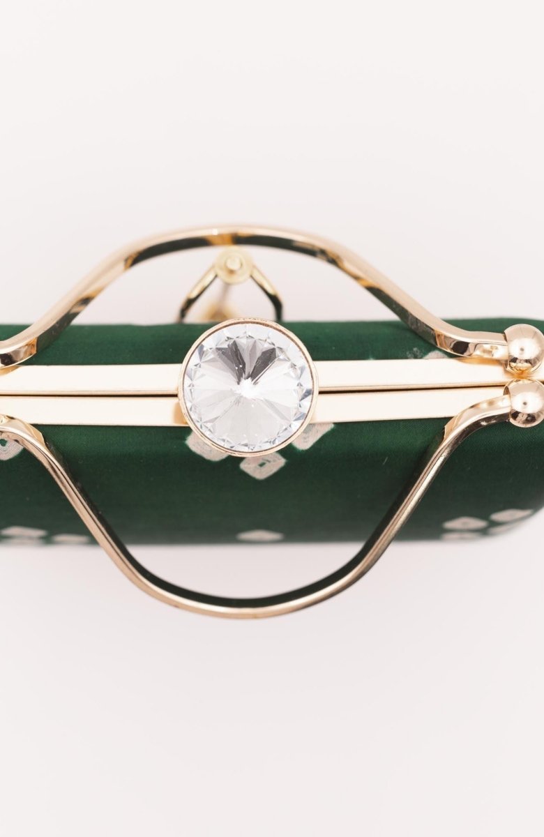 Green Bandhej Silk Bia Clutch with Crystal Closure BAGS RAAS