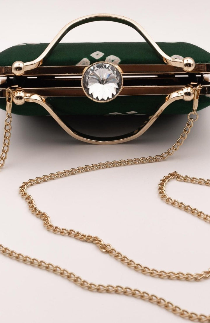 Green Bandhej Silk Bia Clutch with Crystal Closure BAGS RAAS