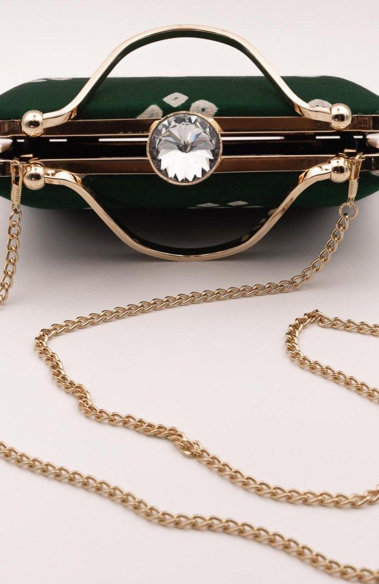 Green Bandhej Silk Bia Clutch with Crystal Closure BAGS RAAS
