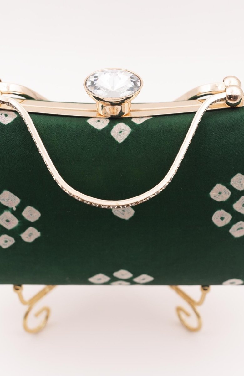 Green Bandhej Silk Bia Clutch with Crystal Closure BAGS RAAS