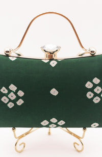 Green Bandhej Silk Bia Clutch with Crystal Closure BAGS RAAS